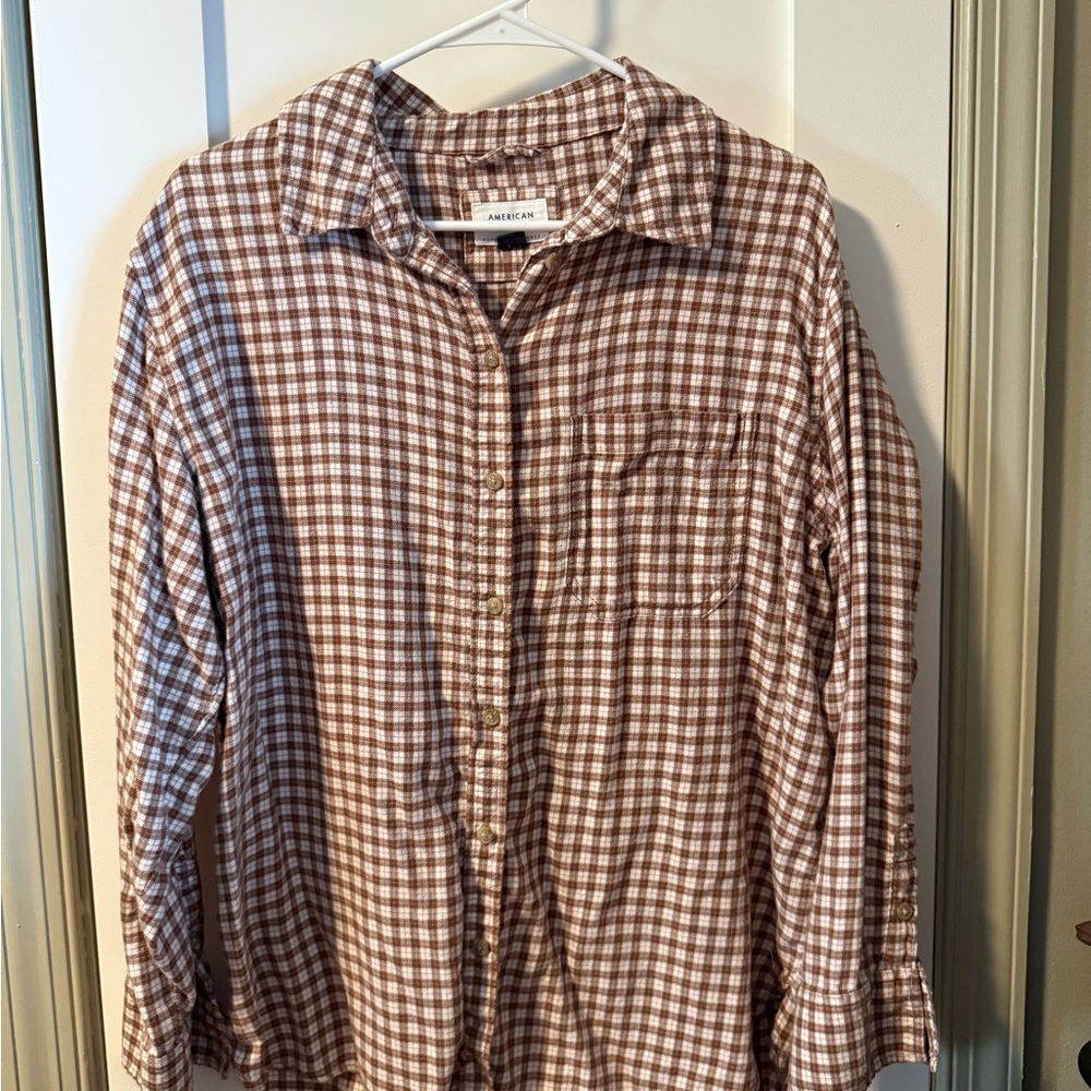 American Eagle Outfitters Brown Checkered Women's Button Down Shirt